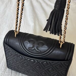 Tory Burch Black Leather Fleming Bag, gold chain leather strap